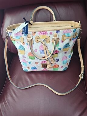 Dooney & Bourke Cream Multicolor Cupcake Print Tote with Tan Trim